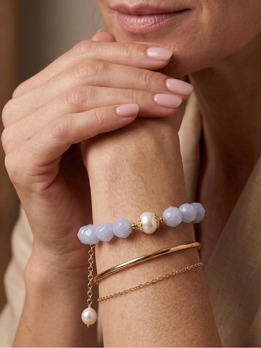 Aquamarine & Pearl Adjustable Bracelet - 35 ctw